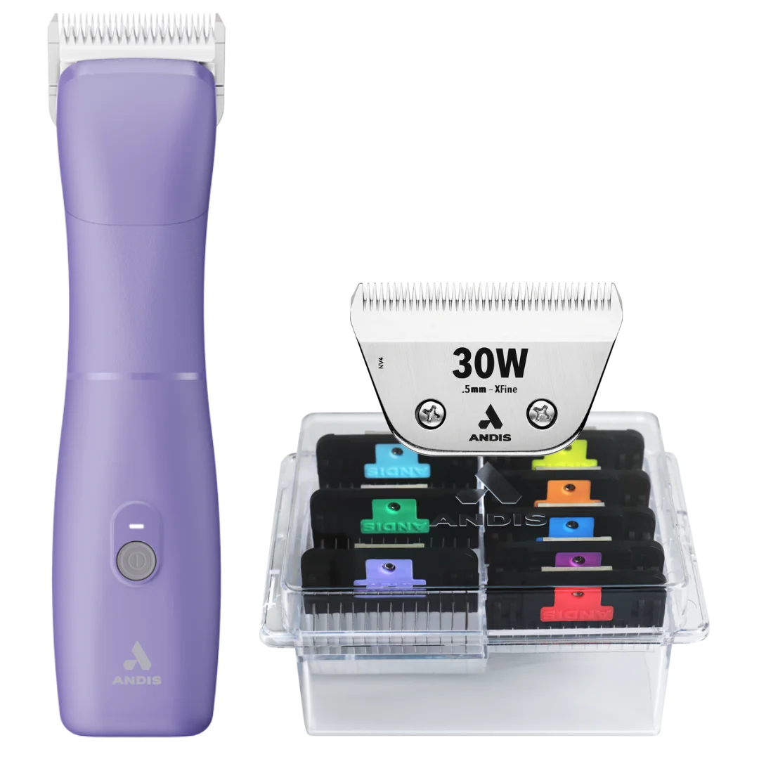 Emerge Clipper Purple with #30W Blade and 8Pc Wide Comb Attachment Bundle by Andis