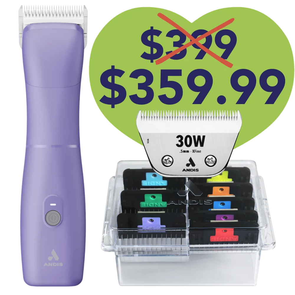 Emerge Clipper Purple with #30W Blade and 8Pc Wide Comb Attachment Bundle by Andis