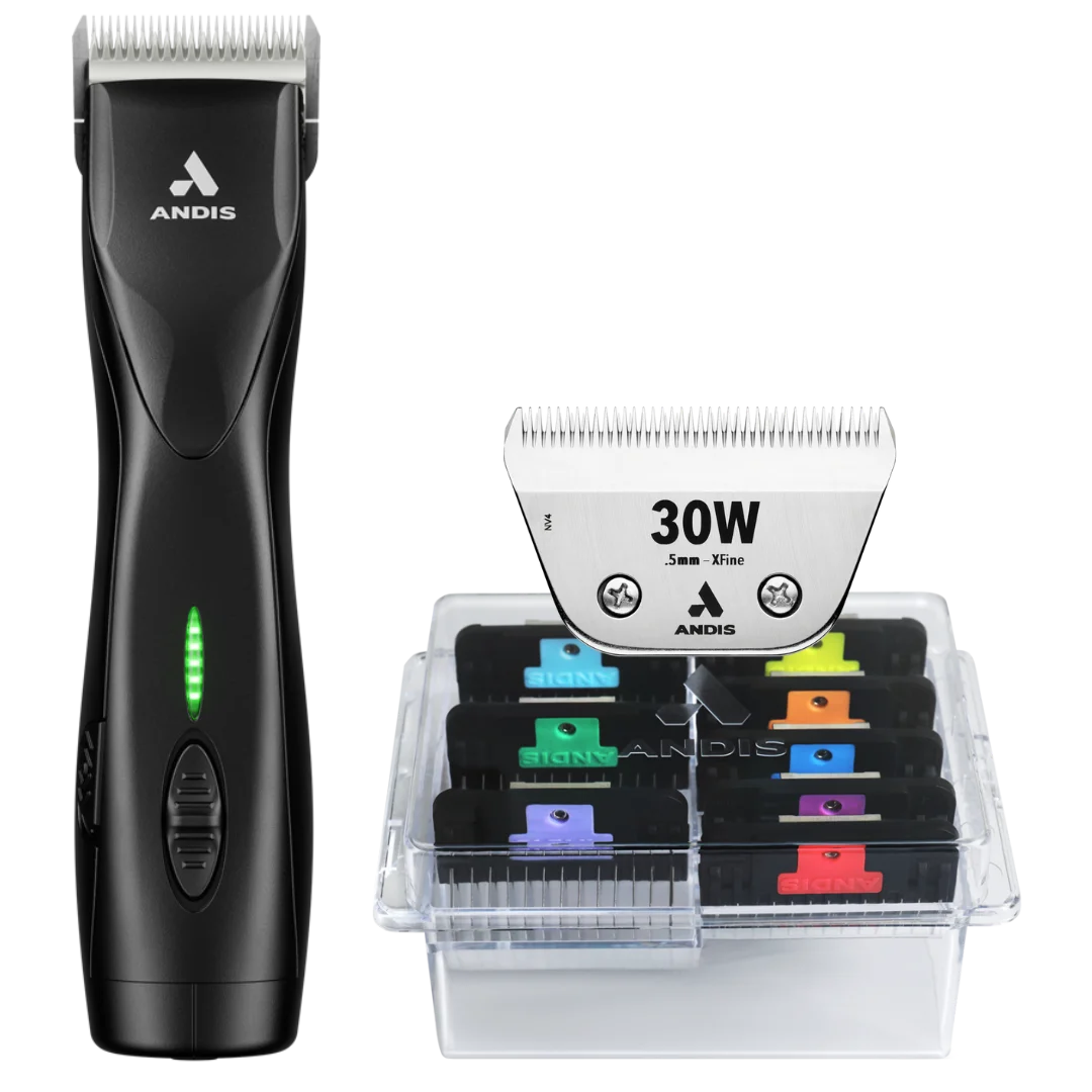 Pulse ZR II Black Clipper with #30W Blade and 8Pc Wide Comb Attachment Bundle by Andis