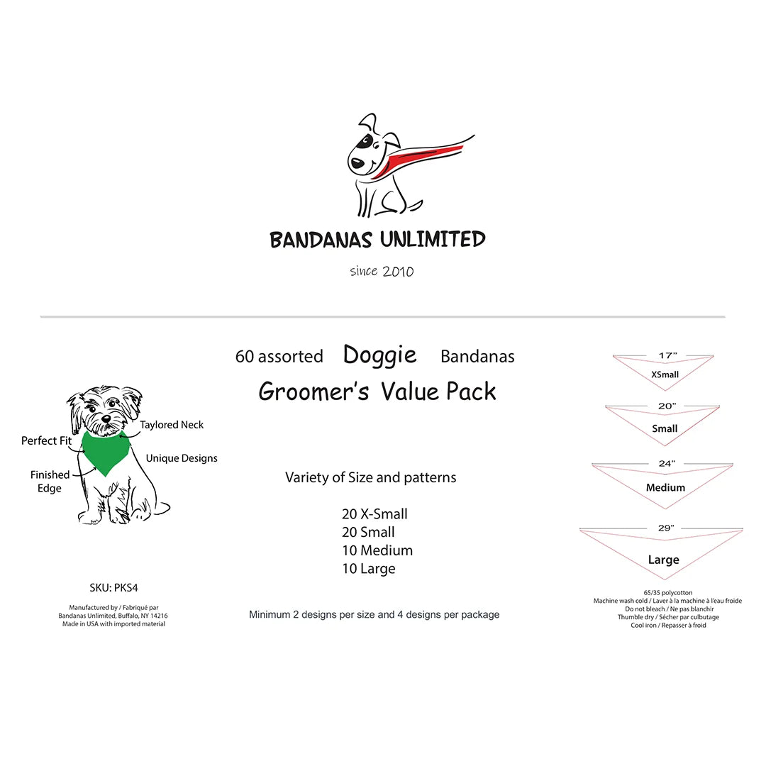 Doggie Bandanas - 60 Assorted Sizes and Patterns by Bandanas Unlimited