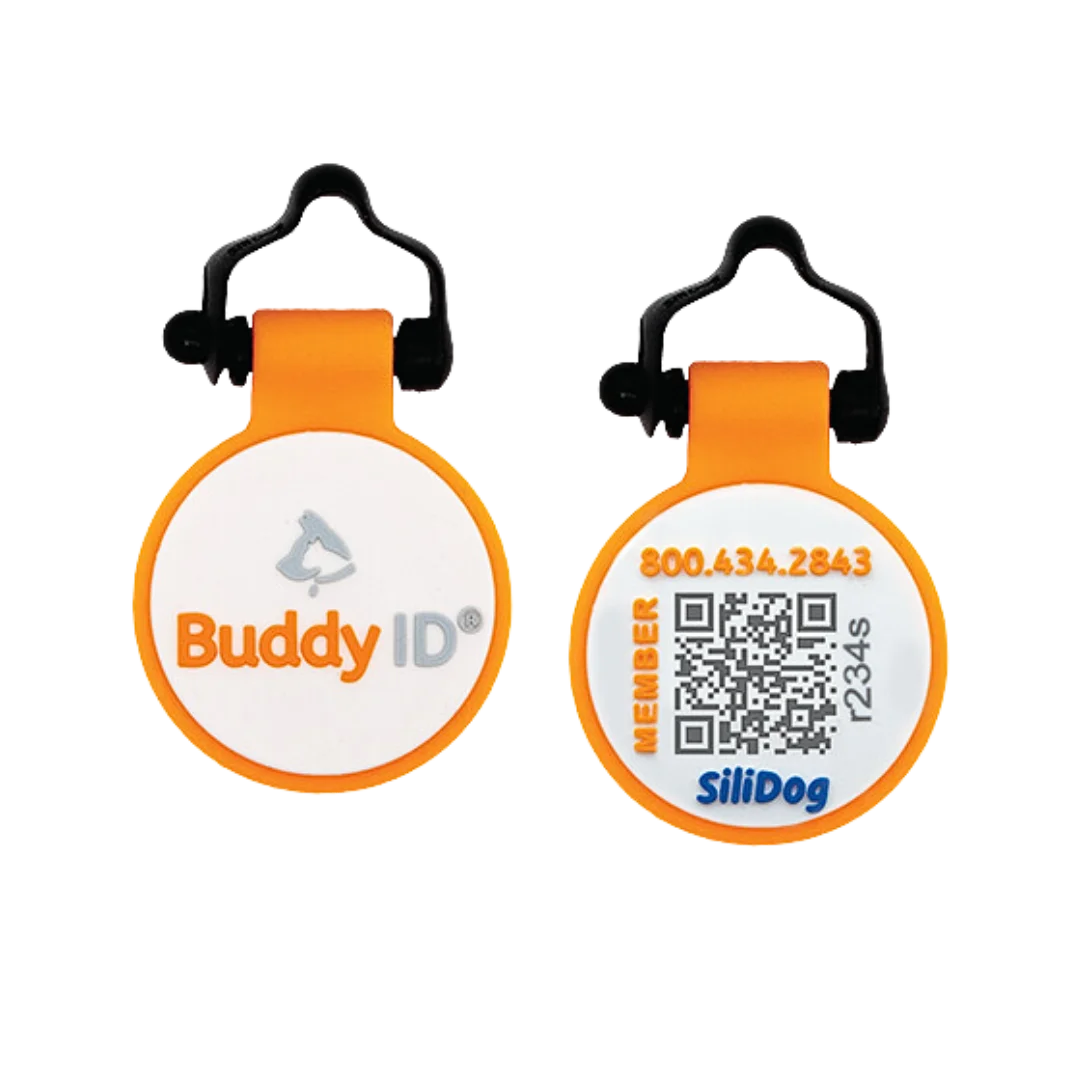 BuddyID BuddyBadge Silicone QR Collar Tag 12ct for Dogs - Glow-in-the-dark, scannable silicone tags for fast reunions.