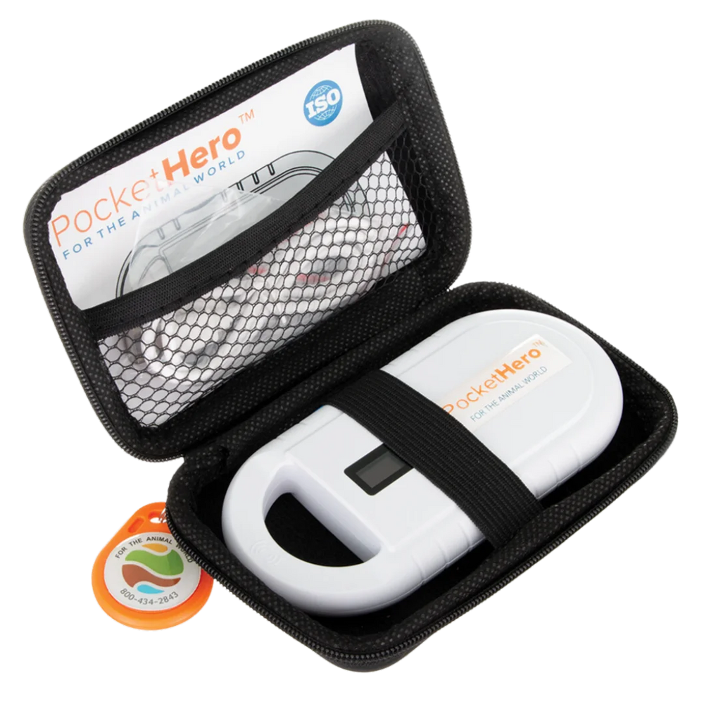 BuddyID Pocket Hero Black Pouch microchip reader with USB cable and test chip fob.