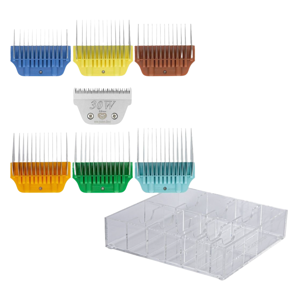 Wide Colored Combs Set of 6 and 30W Blade With Clear Holder by PetStore.Direct