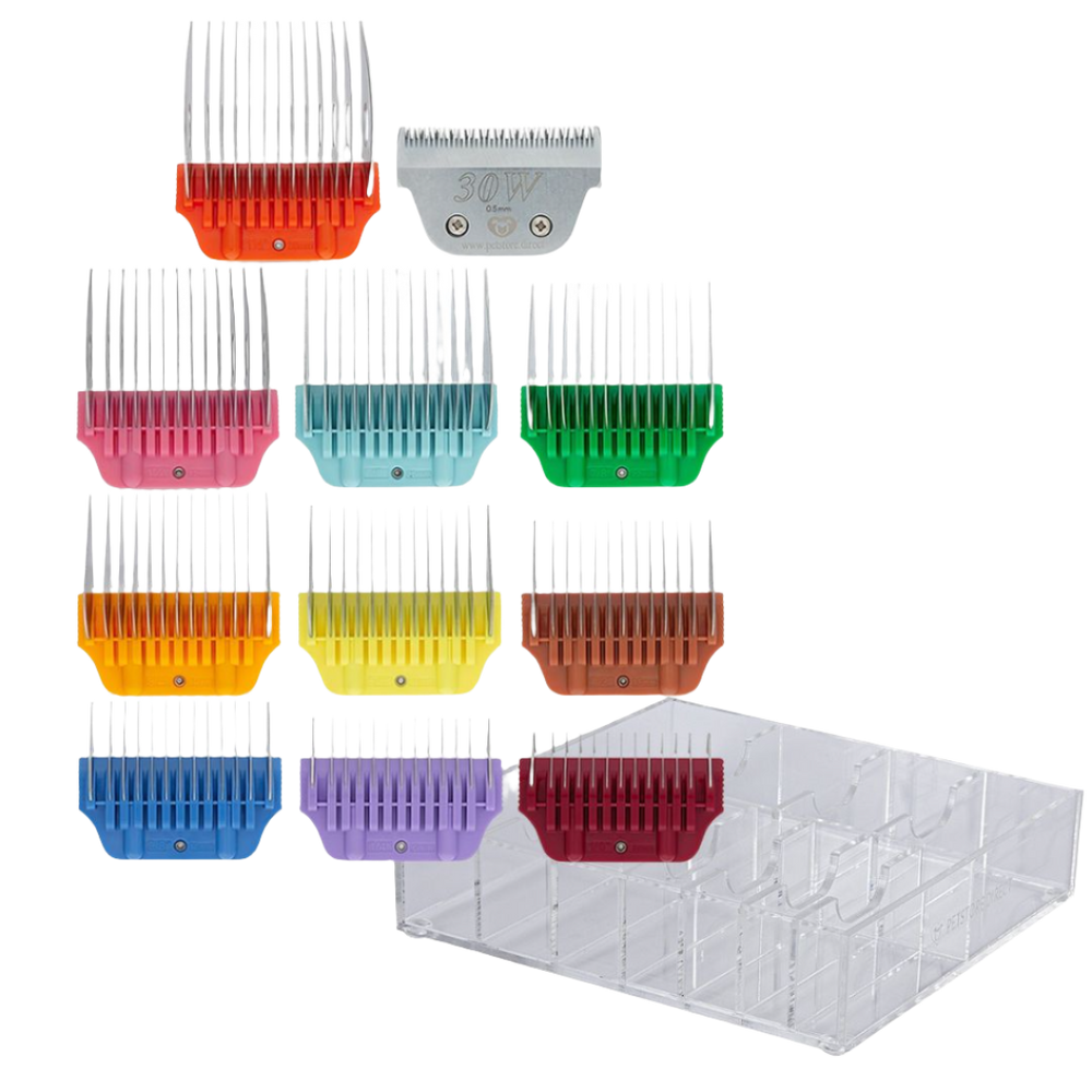 Wide Colored Combs Set of 10 and 30W Blade With Clear Holder by PetStore.Direct