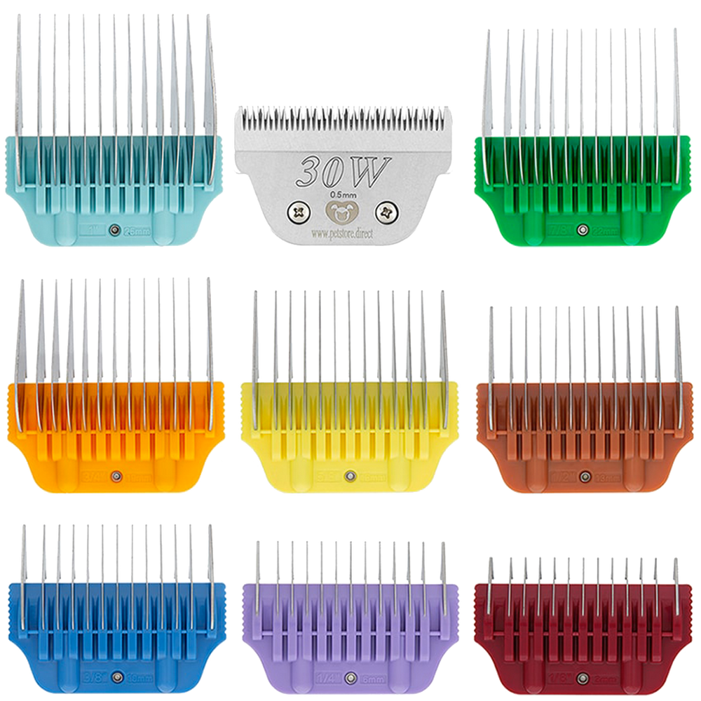 Wide Combs Colored Set of 8 (1/8″ through 1″) with 30W blade by PetStore.Direct